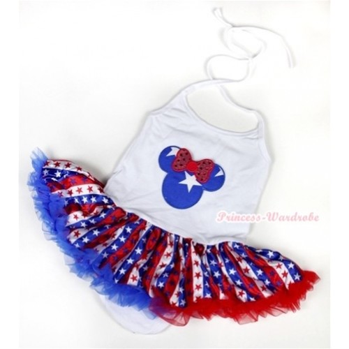 White Baby Halter Jumpsuit Red White Royal Blue Striped Stars Pettiskirt With Patriotic American Minnie Print JS1037 