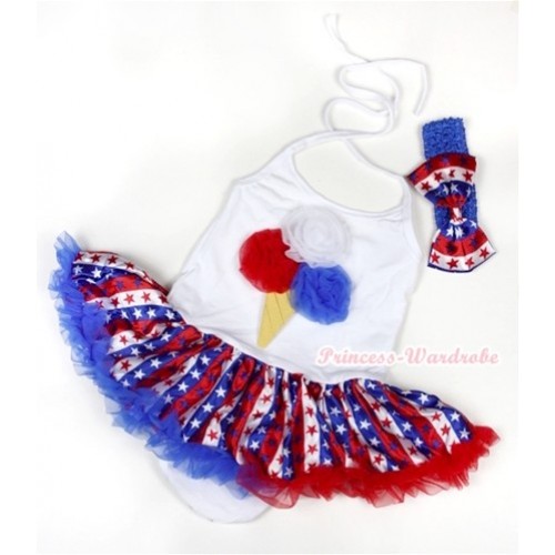 White Baby Halter Jumpsuit Red White Royal Blue Striped Stars Pettiskirt With Red White Royal Blue Rosettes Ice Cream Print With Royal Blue Headband Red White Blue Striped Stars Satin Bow JS1044 