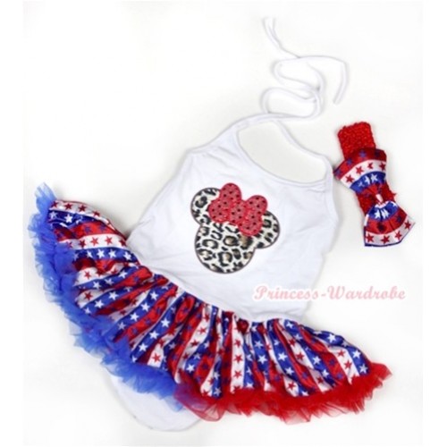 White Baby Halter Jumpsuit Red White Royal Blue Striped Stars Pettiskirt With Leopard Minnie Print With Red Headband Red White Blue Striped Stars Satin Bow JS1049 