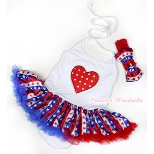 White Baby Halter Jumpsuit Red White Royal Blue Striped Stars Pettiskirt With Red White Polka Dots Heart Print With Red Headband Red White Blue Striped Stars Satin Bow JS1051 