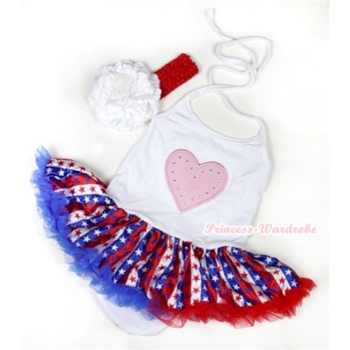 White Baby Halter Jumpsuit Red White Royal Blue Striped Stars Pettiskirt With Light Pink Heart Print With Red Headband White Peony JS1054 