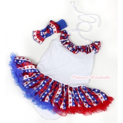 White Baby Halter Jumpsuit Red White Royal Blue Striped Stars Pettiskirt With Red White Royal Blue Striped Stars Satin Lacing With Royal Blue Headband Red White Royal Blue Striped Stars Satin Bow JS1042 