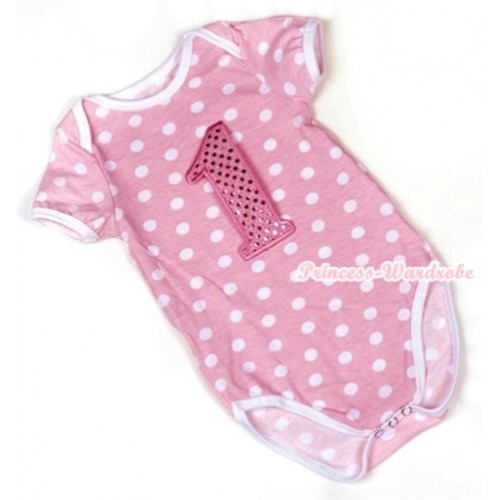Light Pink White Polka Dots Baby Jumpsuit with 1st Sparkle Light Pink Birthday Number Print TH347 