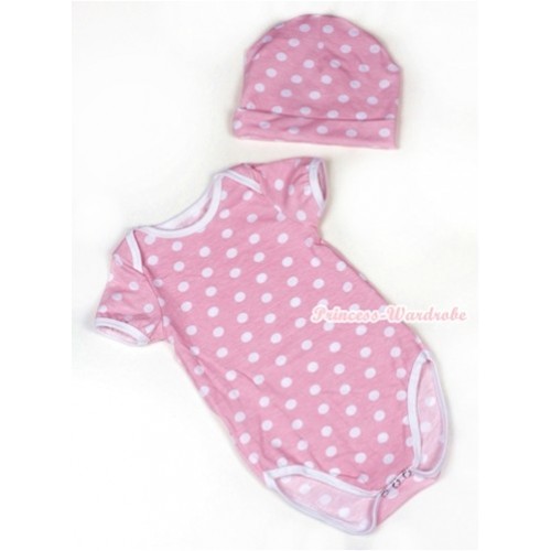 Plain Style Light Pink White Polka Dots Baby Jumpsuit with Cap Set TH355 