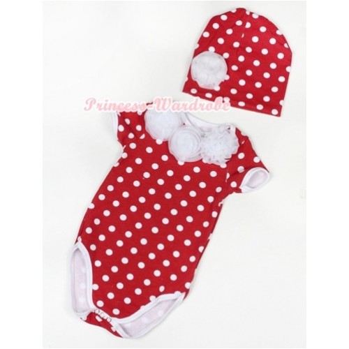 Minnie Polka Dots Baby Jumpsuit with White Rosettes and Cap Set TH356 