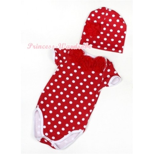 Minnie Polka Dots Baby Jumpsuit with Red Rosettes and Cap Set TH357 