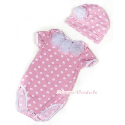 Light Pink White Polka Dots Baby Jumpsuit with White Rosettes and Cap Set TH358 