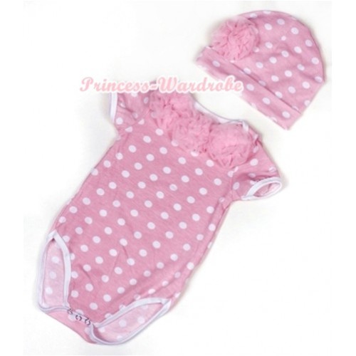 Light Pink White Polka Dots Baby Jumpsuit with Light Pink Rosettes and Cap Set TH359 