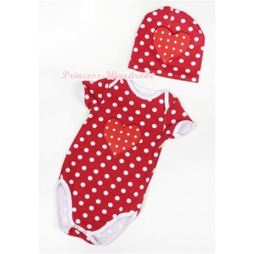 Minnie Polka Dots Baby Jumpsuit with Red White Polka Dots Heart Print with Cap Set JP34 