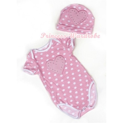 Light Pink White Dots Baby Jumpsuit with Light Pink Heart Print with Cap Set JP39 