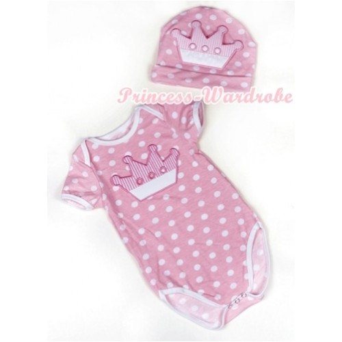 Light Pink White Dots Baby Jumpsuit with Crown Print with Cap Set JP40 