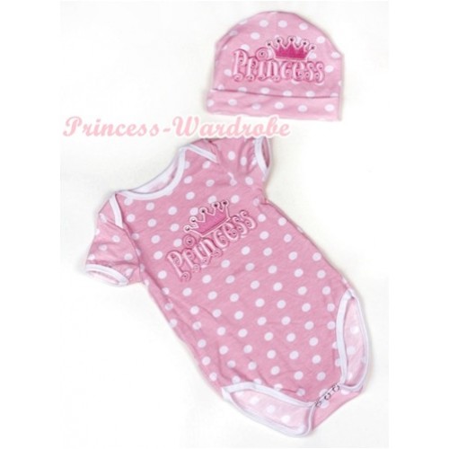 Light Pink White Dots Baby Jumpsuit with Princess Print with Cap Set JP43 