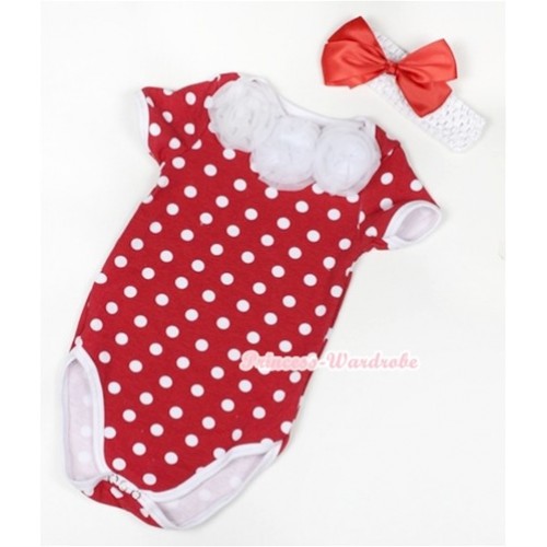 Minnie Polka Dots Baby Jumpsuit With White Rosettes With White Headband Red Silk Bow TH362 