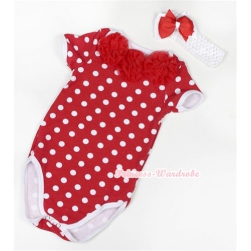 Minnie Polka Dots Baby Jumpsuit With Red Rosettes With White Headband Red White Ribbon Bow TH363 