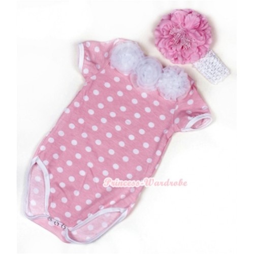 Light Pink White Polka Dots Baby Jumpsuit With White Rosettes With White Headband Light Pink Peony TH364 