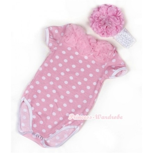 Light Pink White Polka Dots Baby Jumpsuit With Light Pink Rosettes With White Headband Light Pink Peony TH365 