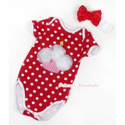 Minnie Polka Dots Baby Jumpsuit with White Rosettes Birthday Cake Print With White Headband Red Romantic Rose Bow TH366 