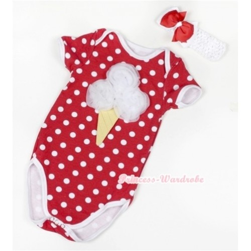 Minnie Polka Dots Baby Jumpsuit with White Rosettes Ice Cream Print With White Headband Red White Ribbon Bow TH367 