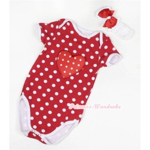Minnie Polka Dots Baby Jumpsuit with Red White Polka Dots Heart Print With White Headband Red White Ribbon Bow TH369 