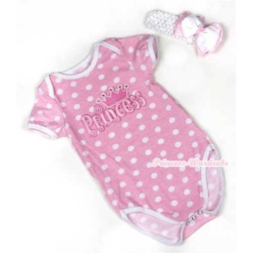 Light Pink White Polka Dots Baby Jumpsuit with Princess Print With White Headband White & Light Pink White Dots Ribbon Bow TH374 