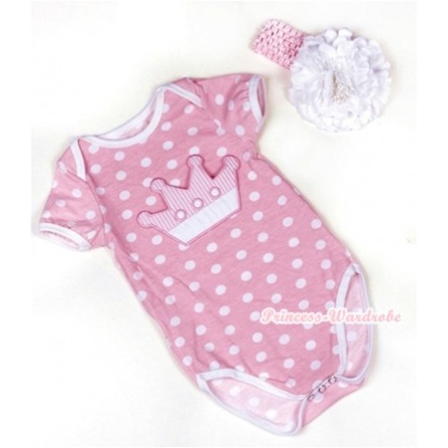 Light Pink White Polka Dots Baby Jumpsuit with Crown Print With Light Pink Headband White Peony TH376 