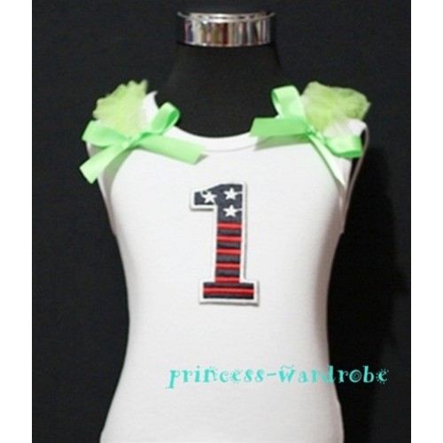 1st Patriotic Print Birthday number White Tank Top with Light Green Ribbon and Ruffles TW07 