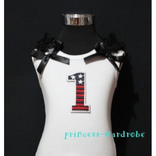 1st Patriotic Print Birthday number White Tank Top with Black Ribbon and Ruffles TW12 