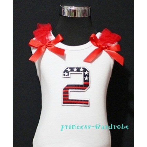 2nd Patriotic Print Birthday number White Tank Top with Red Ribbon and Ruffles TW16 