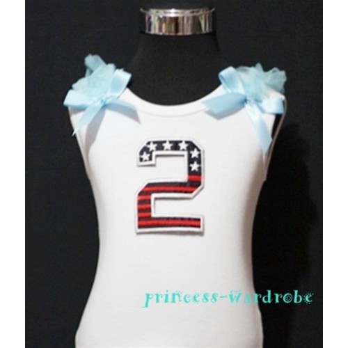 2nd Patriotic Print Birthday number White Tank Top with Light Blue Ribbon and Ruffles TW20 