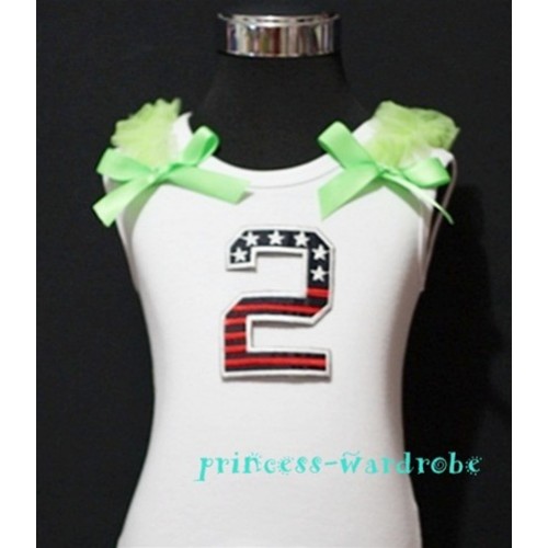 2nd Patriotic Print Birthday number White Tank Top with Light Green Ribbon and Ruffles TW21 