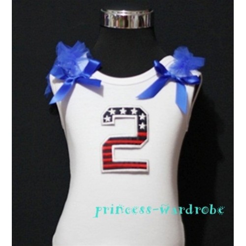 2nd Patriotic Print Birthday number White Tank Top with Royal Blue Ribbon and Ruffles TW19 