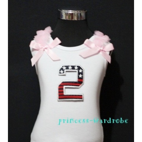 2nd Patriotic Print Birthday number White Tank Top with Light Pink Ribbon and Ruffles TW25 