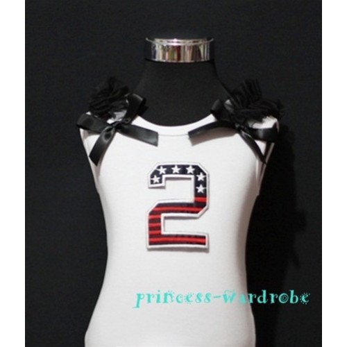 2nd Patriotic Print Birthday number White Tank Top with Black Ribbon and Ruffles TW26 