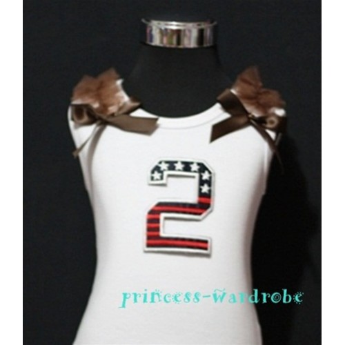 2nd Patriotic Print Birthday number White Tank Top with Brown Ribbon and Ruffles TW28 