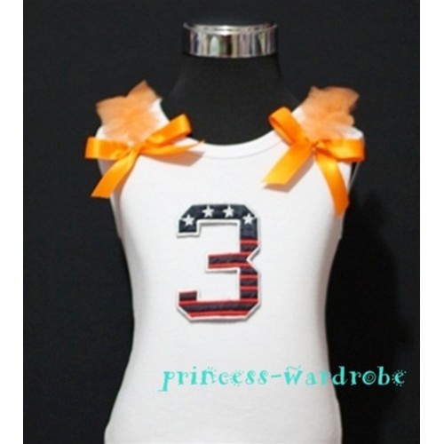3rd Patriotic Print Birthday number White Tank Top with Orange Ribbon and Ruffles TW31 
