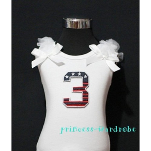 3rd Patriotic Print Birthday number White Tank Top with White Ribbon and Ruffles TW41 