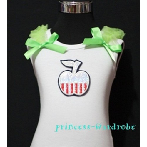 Patriotic Print Apple White Tank Top with Light Green Ribbon and Ruffles TW49 