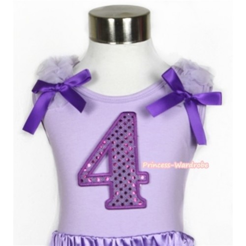Lavender Tank Top With 4th Sparkle Dark Purple Birthday Number Print with Lavender Ruffles & Dark Purple Bow TN206 