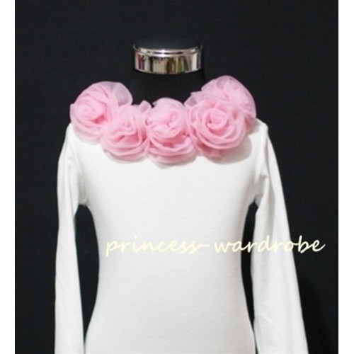 White Long Sleeves Tops with Light Pink Rosettes T21 