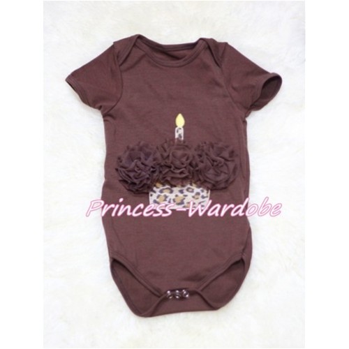 Brown Baby Jumpsuit with Brown Leopard Birthday Cupcake TH138 