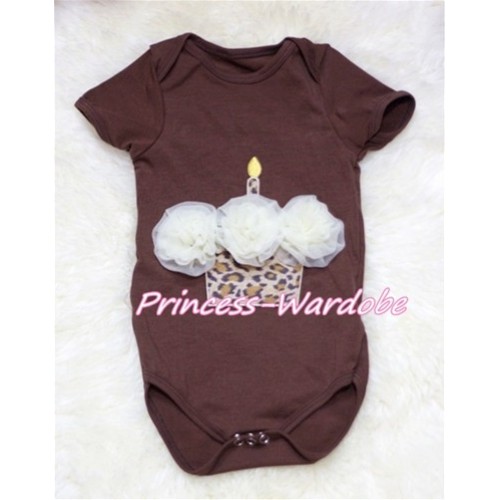 Brown Baby Jumpsuit with Cream White Leopard Birthday Cupcake TH139 