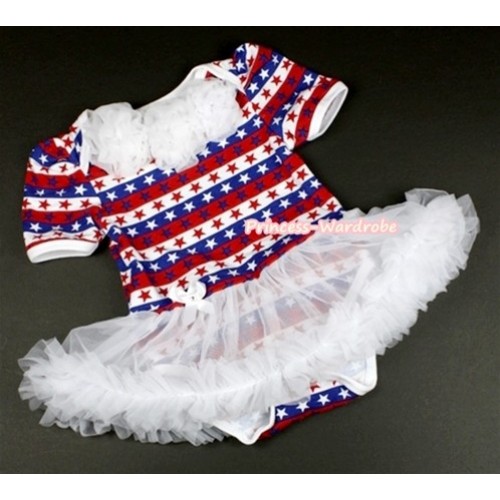 Red White Blue Striped Stars Baby Jumpsuit White Pettiskirt with White Rosettes JS1058 