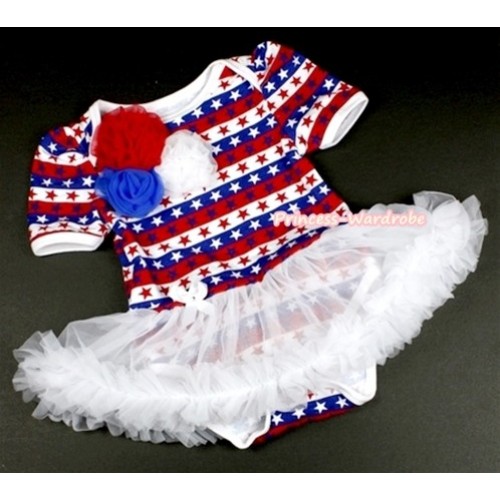 Red White Blue Striped Stars Baby Jumpsuit White Pettiskirt with Bunch of Red Royal Blue White Rosettes JS1059 