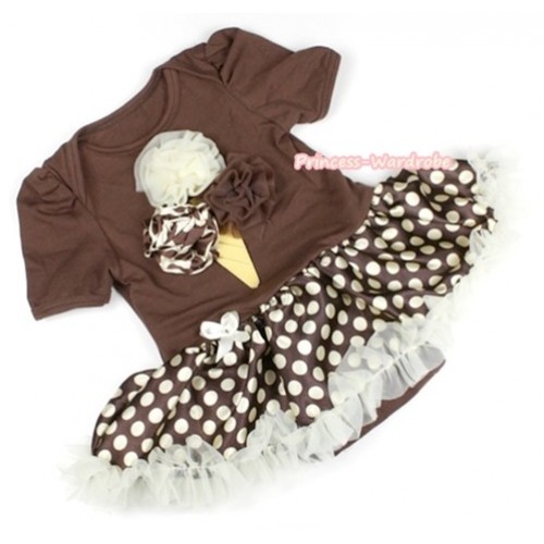 Brown Baby Jumpsuit Brown Golden Polka Dots Pettiskirt with Cream White Giraffe Brown Rosettes Ice Cream Print JS1075 