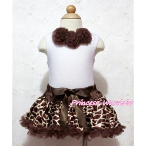 White Baby Pettitop & Brown Rosettes with Brown Giraffe Baby Pettiskirt NG501 