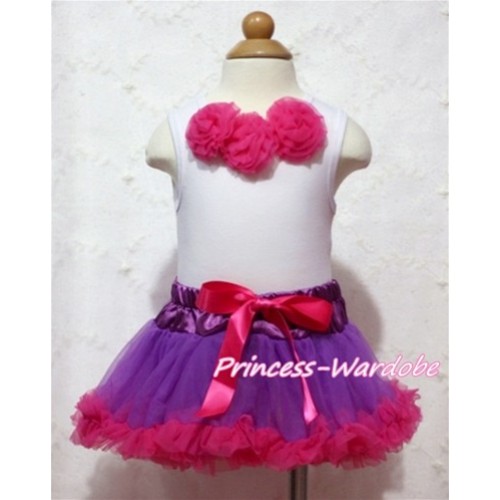 White Baby Pettitop & Hot Pink Rosettes with Dark Purple Hot Pink Baby Pettiskirt NG509 