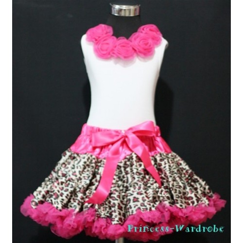 White Tank Tops with Hot Pink Rosettes & Hot Pink Leopard Print Pettiskirt M110 