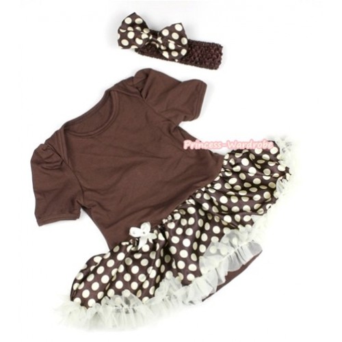 Brown Baby Jumpsuit Brown Golden Polka Dots Pettiskirt With Brown Headband Brown Golden Polka Dots Satin Bow JS1084 