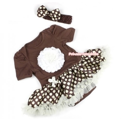 Brown Baby Jumpsuit Brown Golden Polka Dots Pettiskirt With White Peony With Brown Headband Brown Golde Polka Dots Satin Bow JS1085 