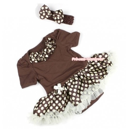Brown Baby Jumpsuit Brown Golden Polka Dots Pettiskirt With Brown Golden Polka Dots Satin Lacing With Brown Headband Brown Golden Polka Dots Satin Bow JS577 